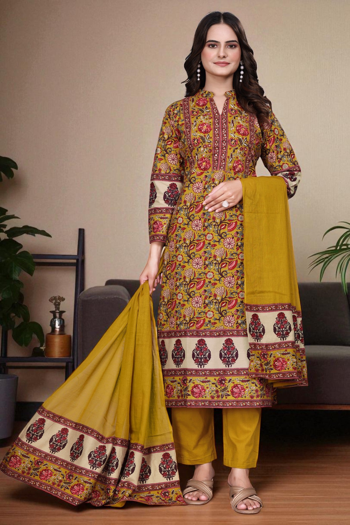 Women's Cotton Floral Printed Kurta Set with Dupatta