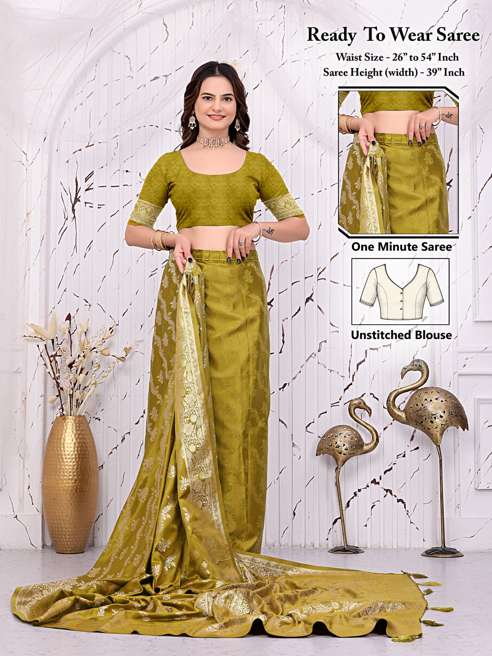 Satin Silk Banarasi Ready-to-Wear Saree with Woven Zari Motifs and Decorative Pallu.
