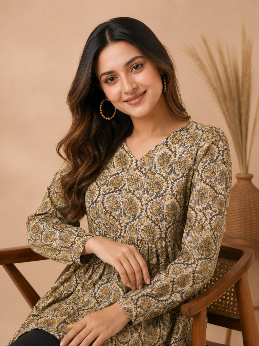 Women Pure Cotton Printed V Neck Flared Tunic