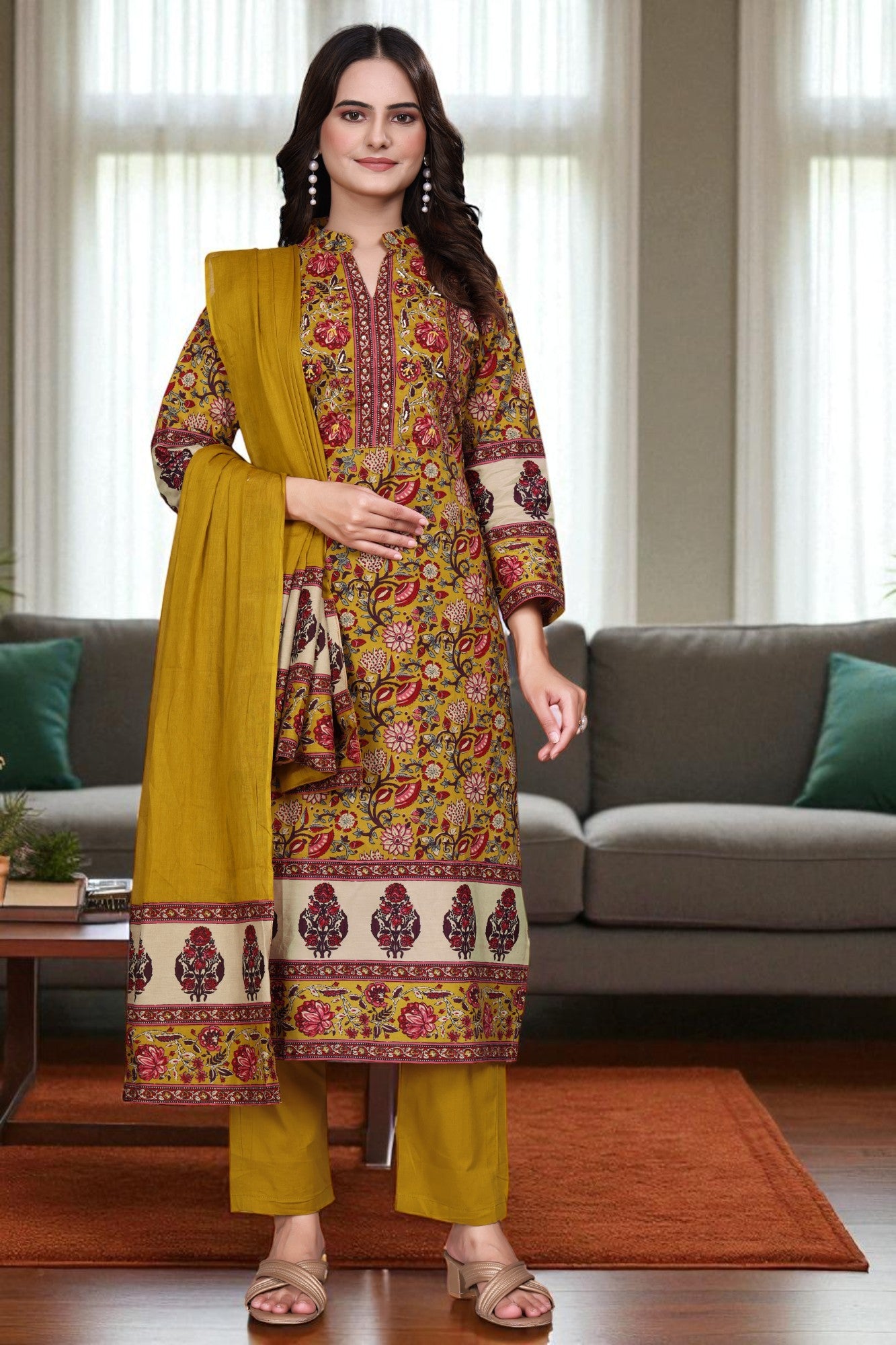 Women's Cotton Floral Printed Kurta Set with Dupatta