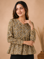 Women Pure Cotton Printed V Neck Flared Tunic