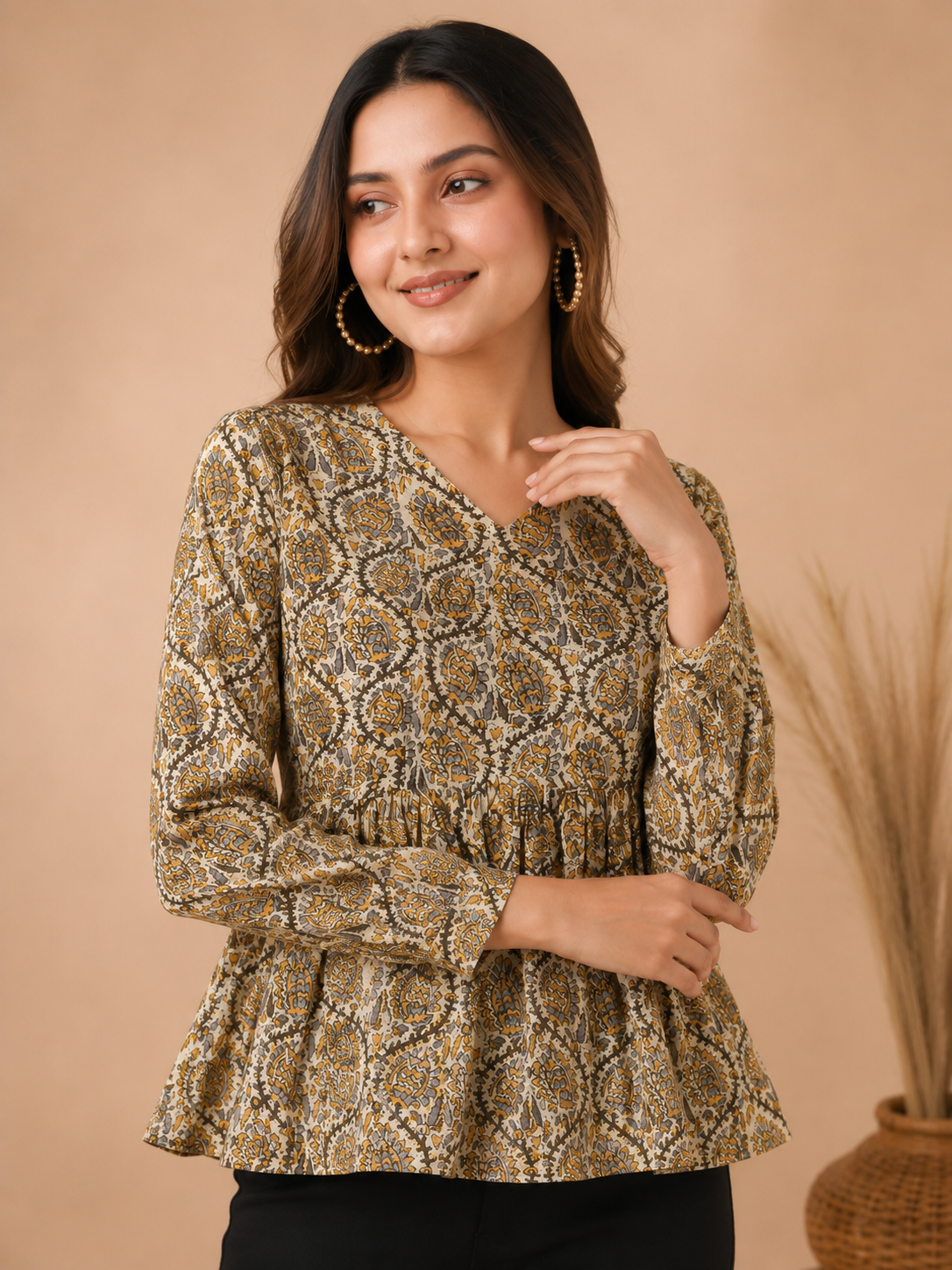 Women Pure Cotton Printed V Neck Flared Tunic