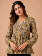 Women Pure Cotton Printed V Neck Flared Tunic