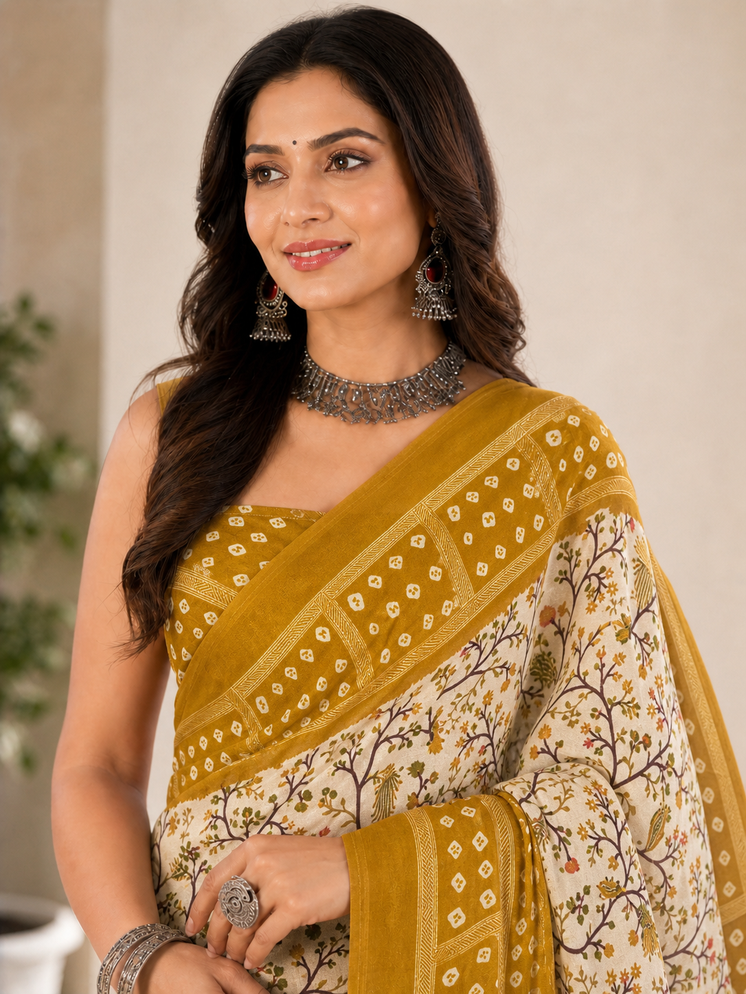Women Printed Moss Chiffon Saree with Zari Border