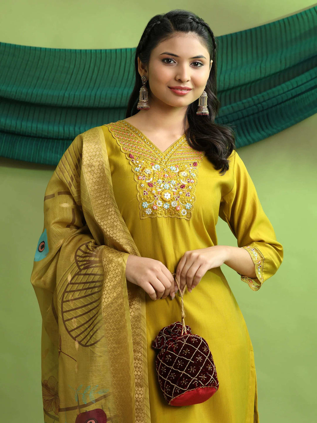 Roman Silk Embroidery Hand Work Kurta Pant Set With Dupatta