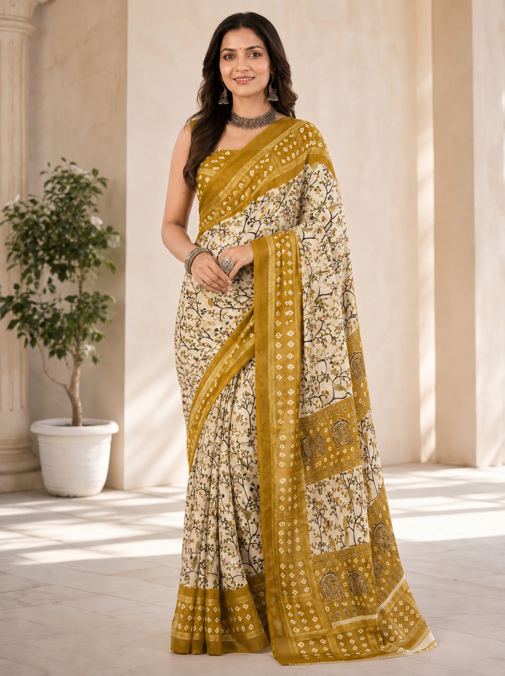 Women Printed Moss Chiffon Saree with Zari Border