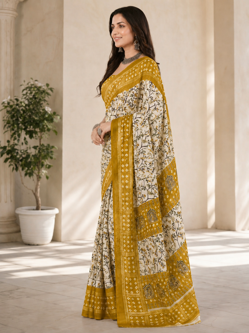 Women Printed Moss Chiffon Saree with Zari Border