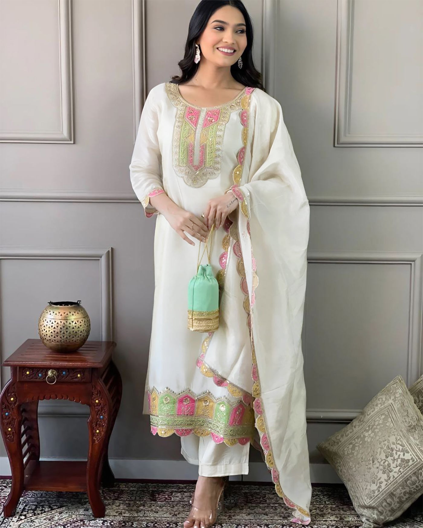 Roman Silk  Embroidered Kurta With Pant Dupatta Set