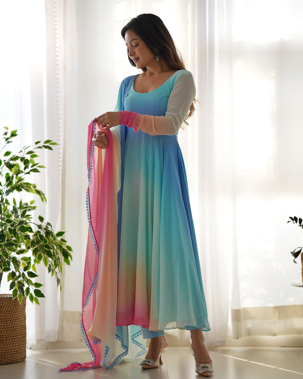 Colorful Fox Georgette Anarkali Set with Dupatta & Pant