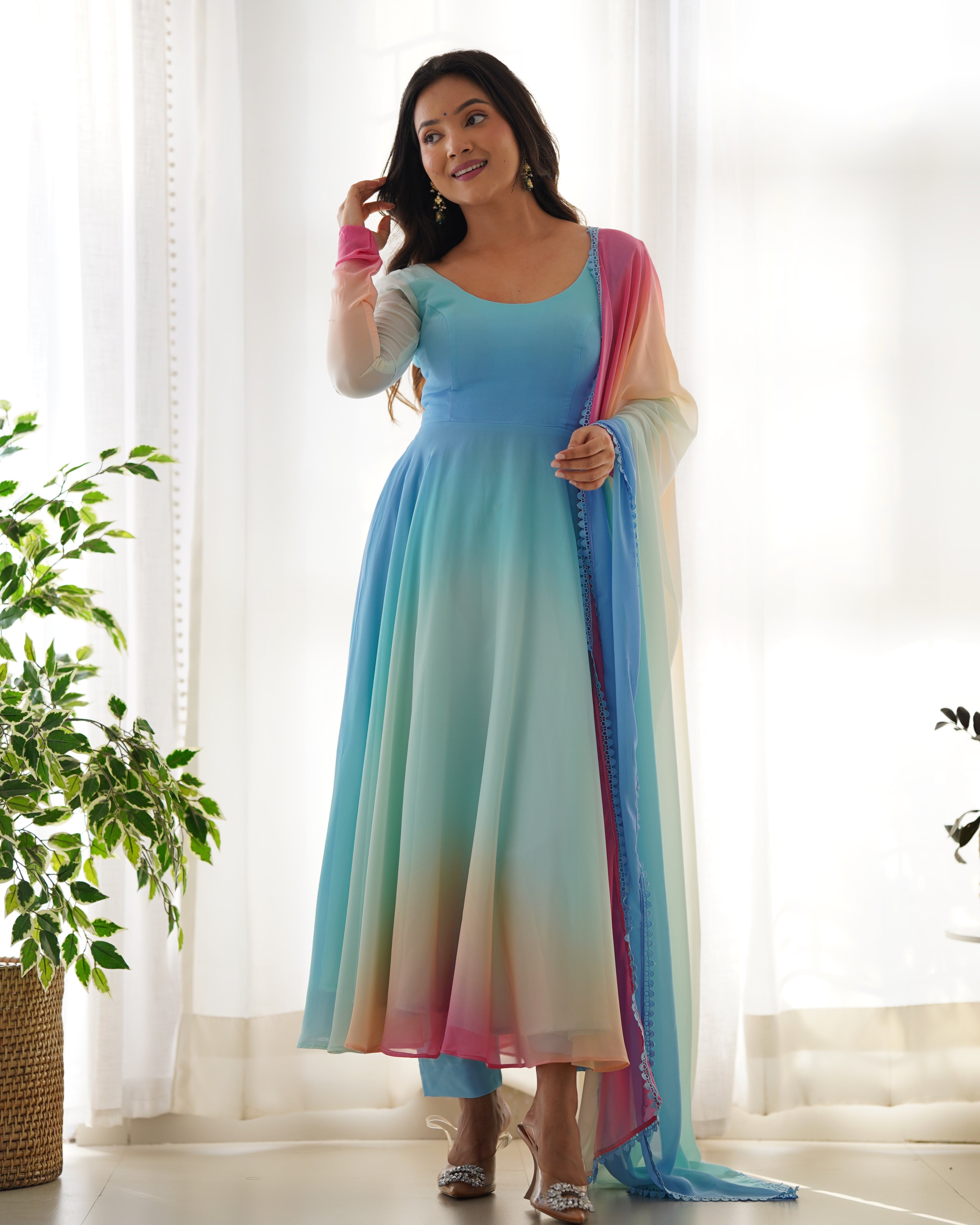 Colorful Fox Georgette Anarkali Set with Dupatta & Pant