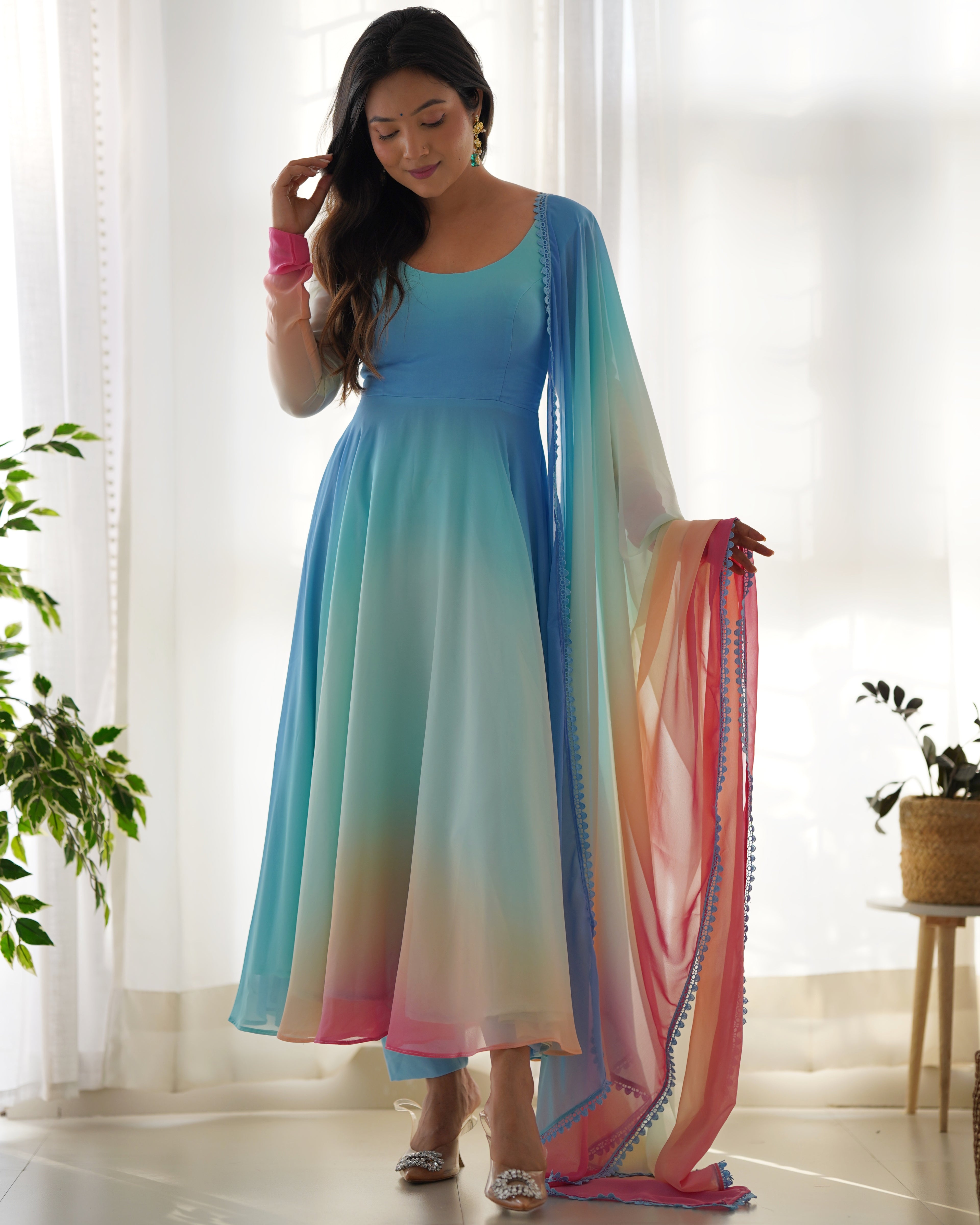 Colorful Fox Georgette Anarkali Set with Dupatta & Pant