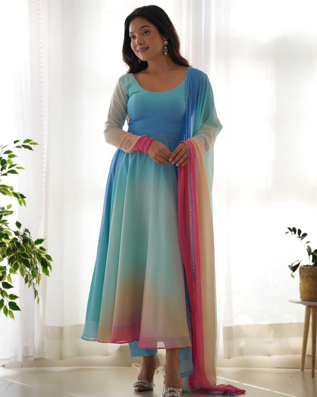 Colorful Fox Georgette Anarkali Set with Dupatta & Pant