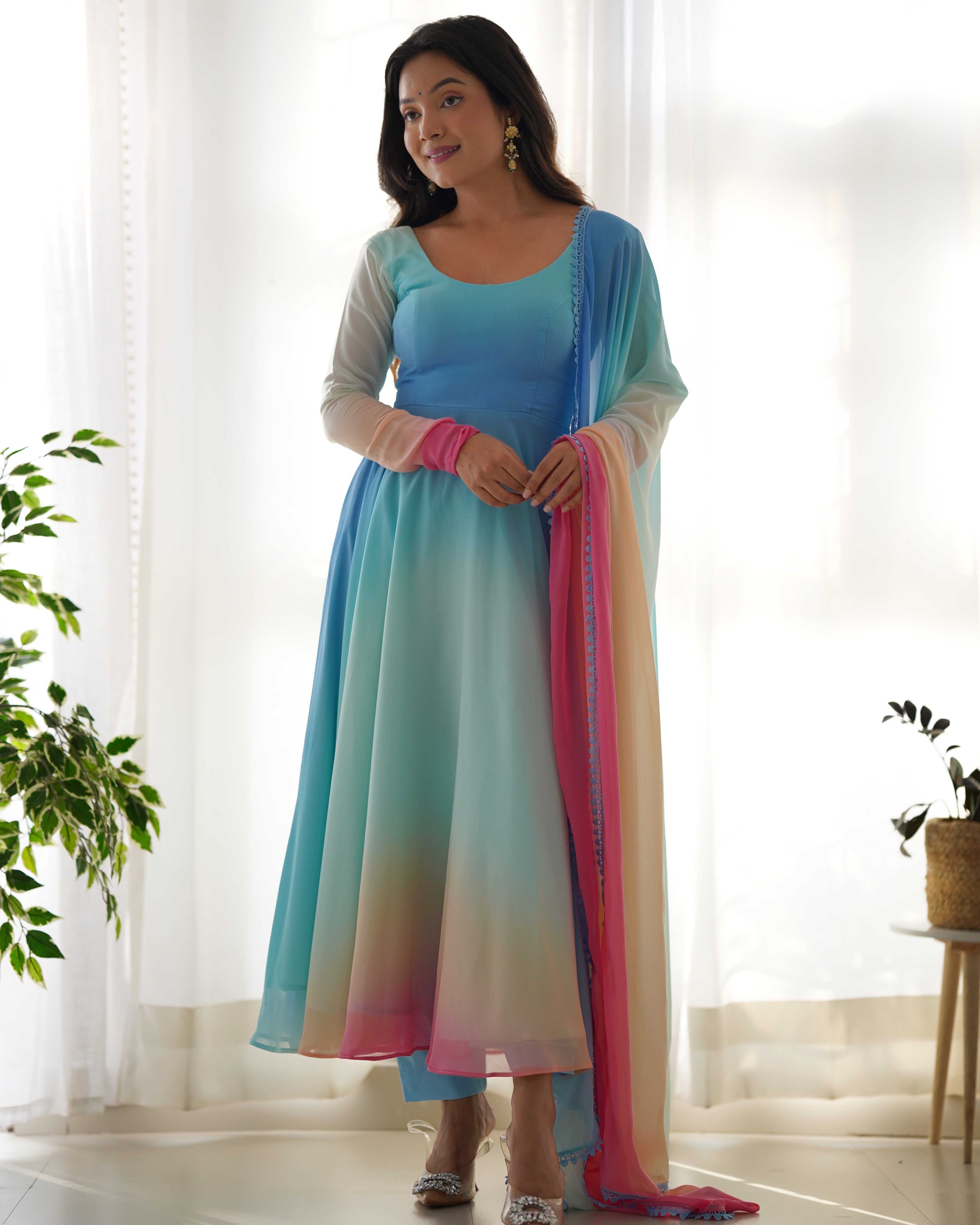 Colorful Fox Georgette Anarkali Set with Dupatta & Pant