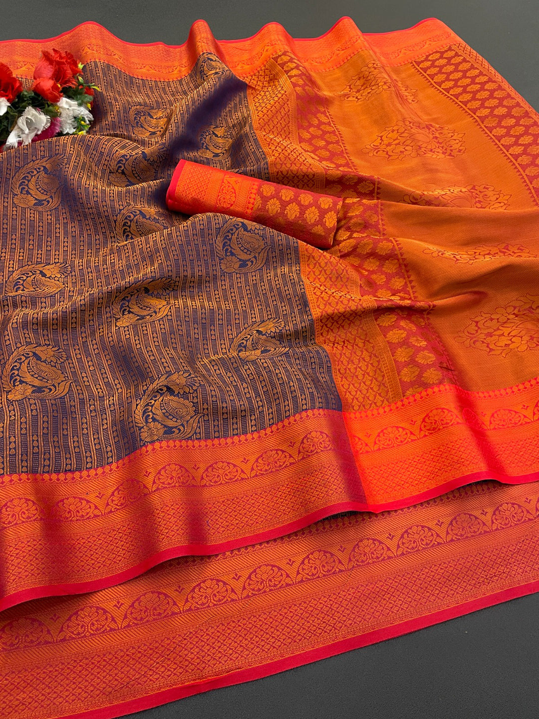 Woven Kanjivaram Soft Silk Copper Rich Pallu Saree