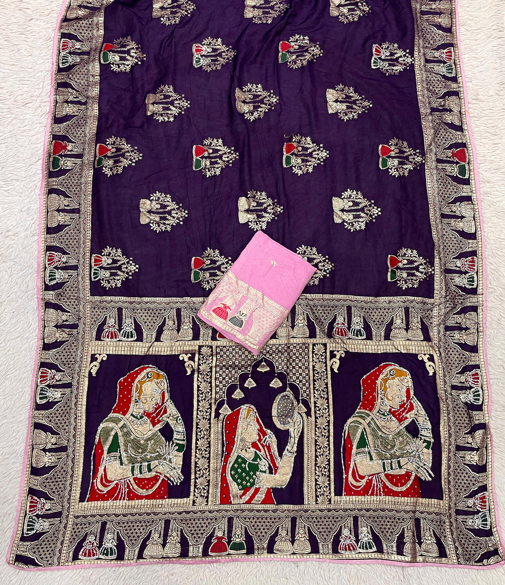 Dola silk Hand Deying Mena with Zarkhan Work Saree