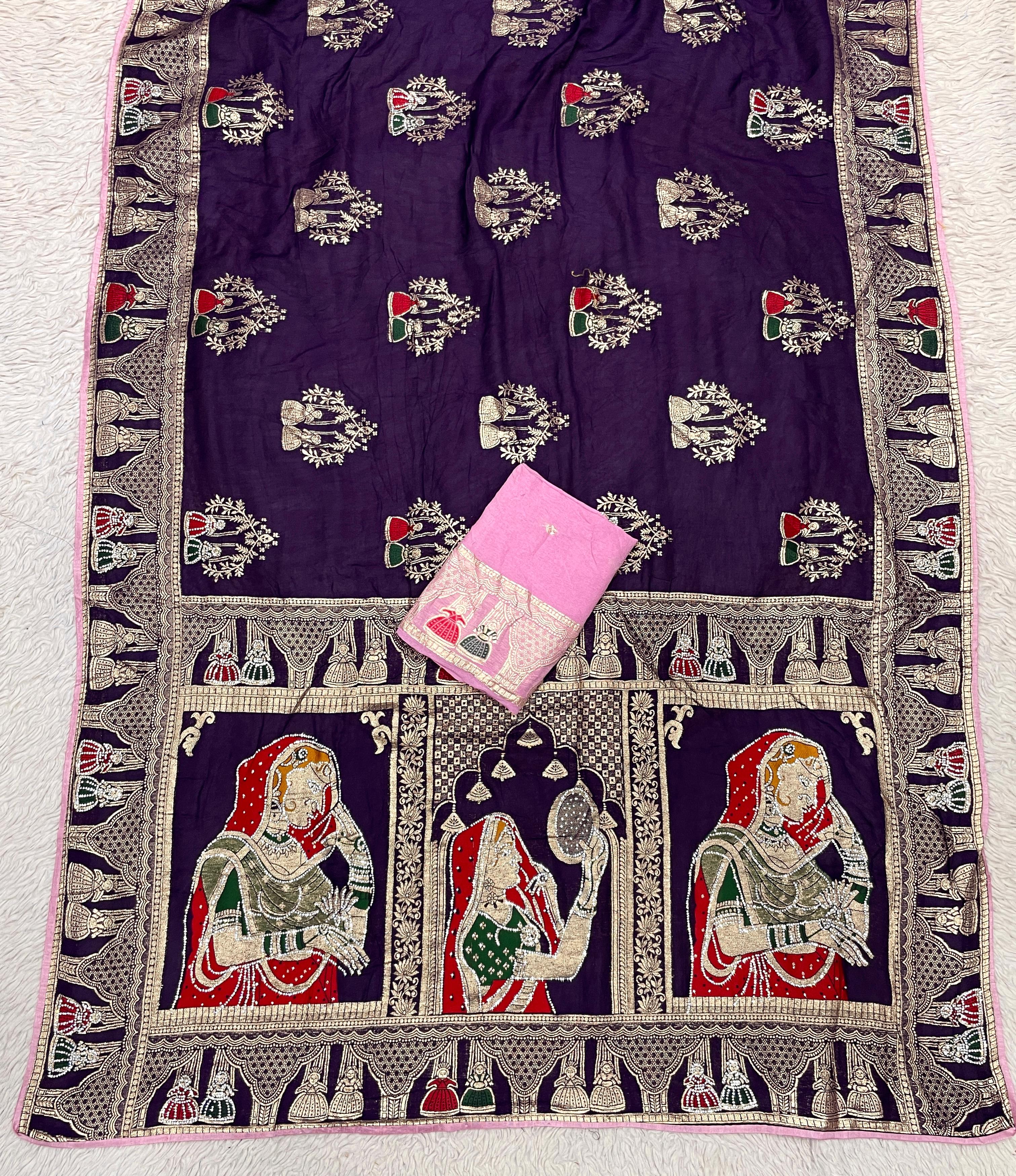 Dola silk Hand Deying Mena with Zarkhan Work Saree