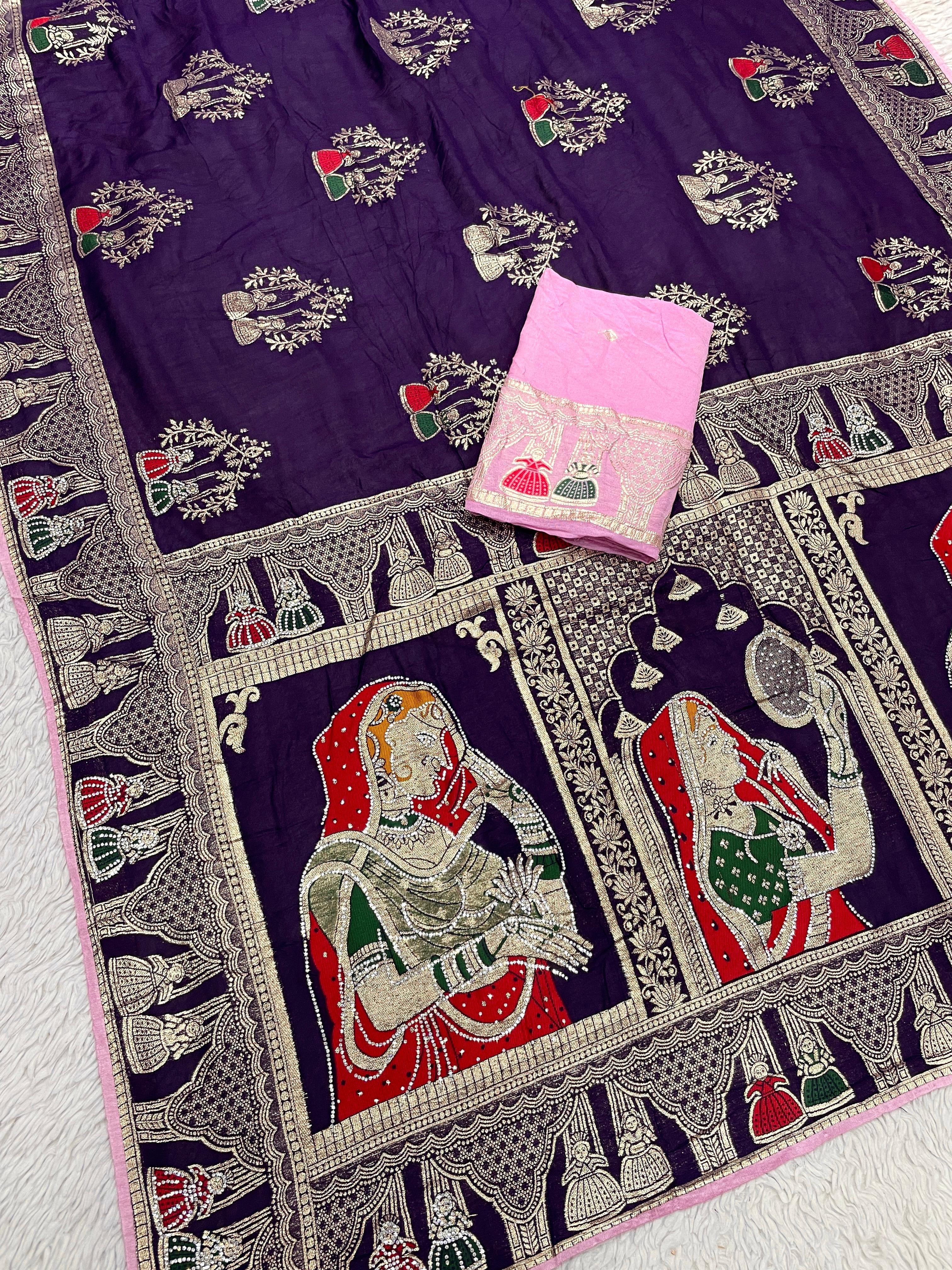 Dola Silk Hand Deying Mena with Zarkhan Work Saree