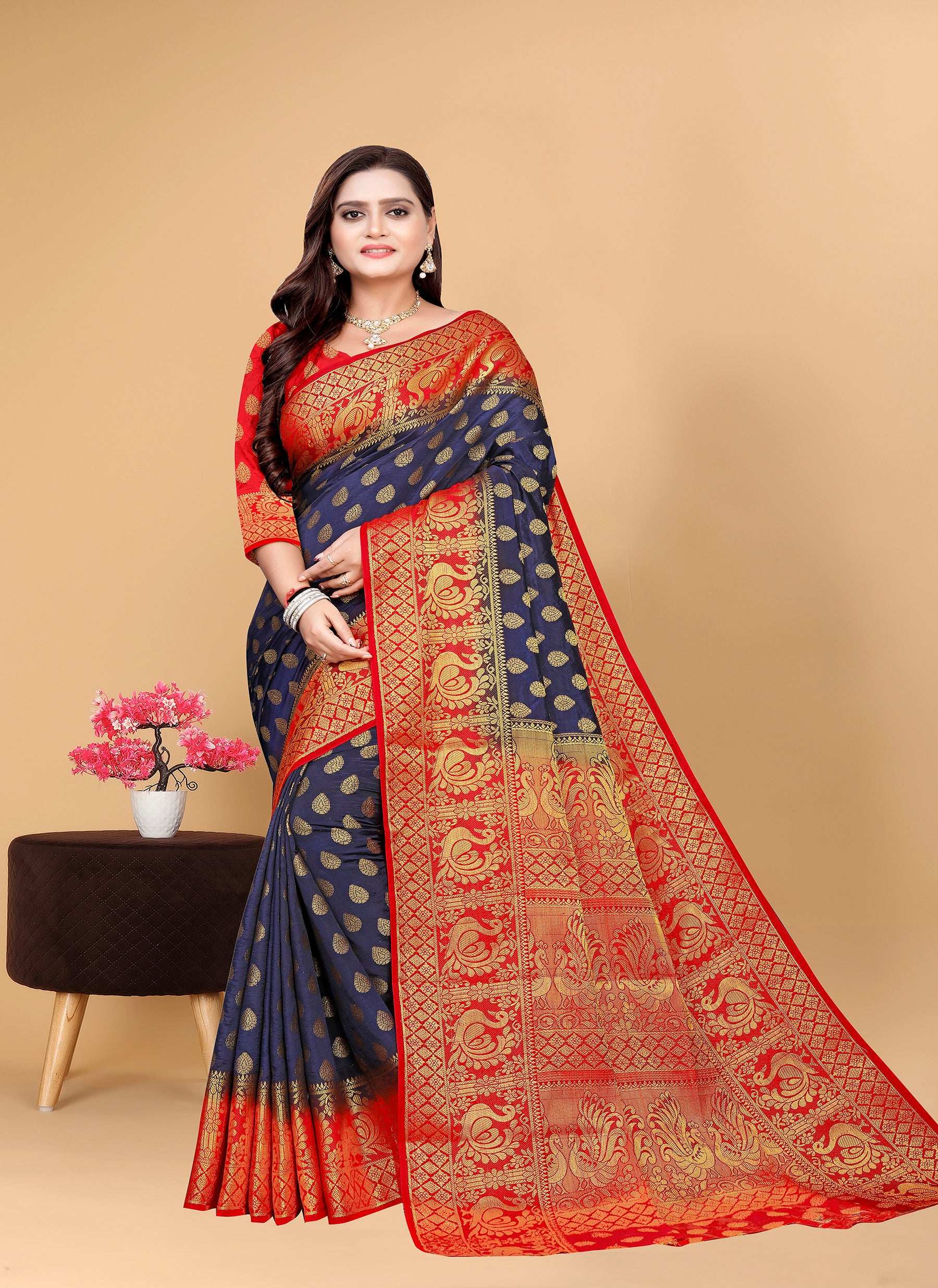 Pionex Woven Kanjivaram Banarasi Jacquard Nylon Silk Sarees