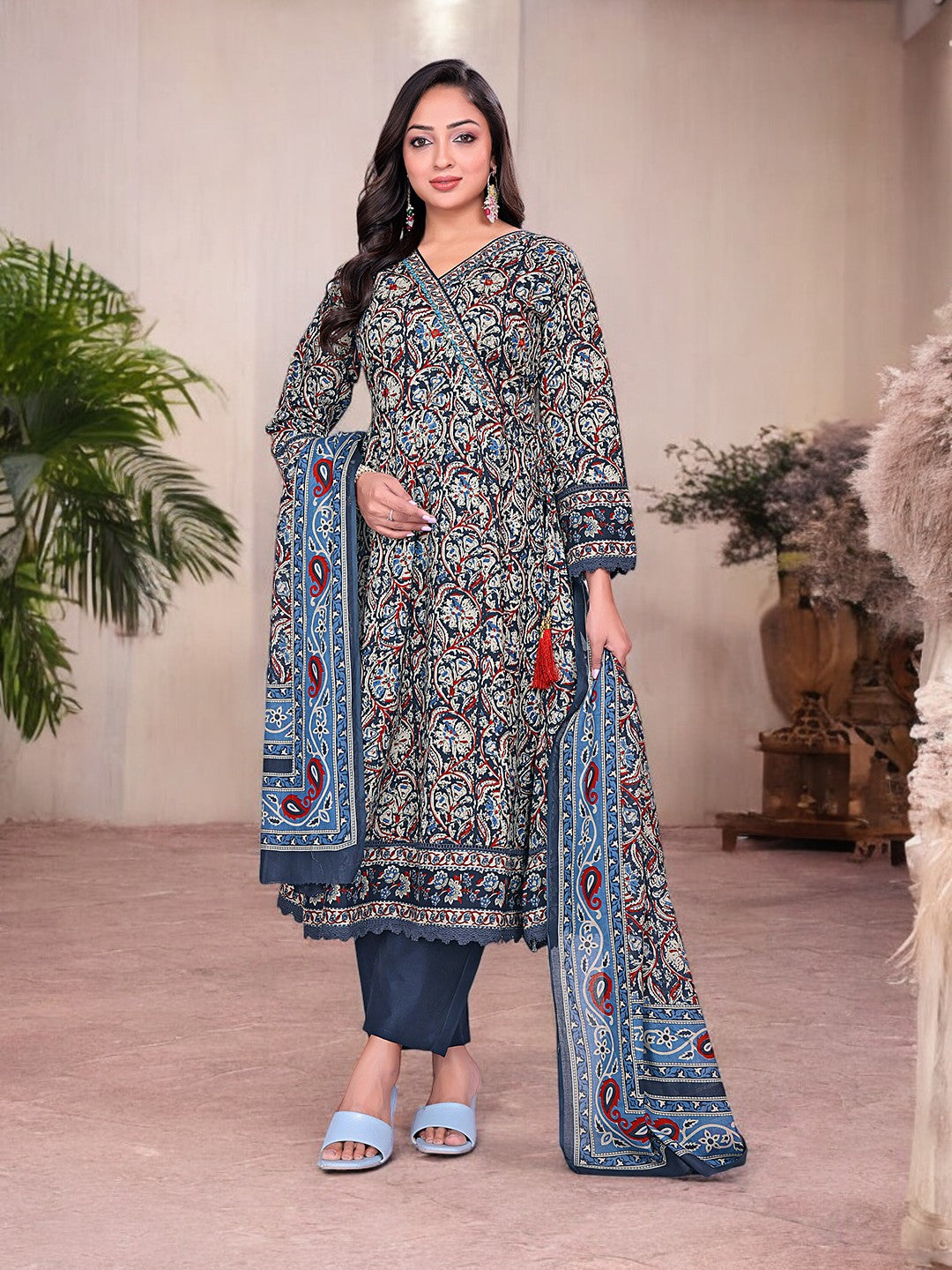 Printed Cotton Anarkali Kurta Set With Handwork on The Neckline