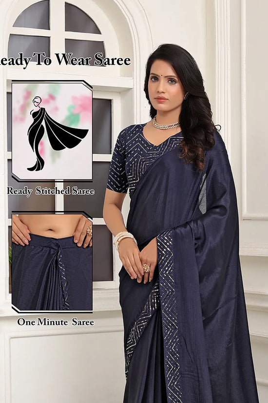 Pionex Ready To Wear Chinon Solid Saree With Embroidered Border