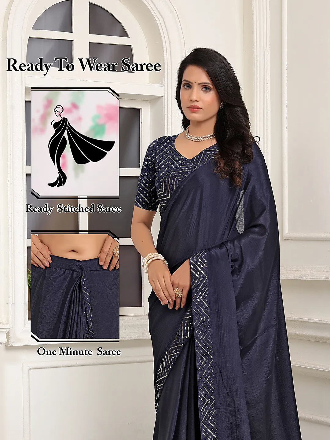 Pionex Ready To Wear Chinon Solid Saree With Embroidered Border