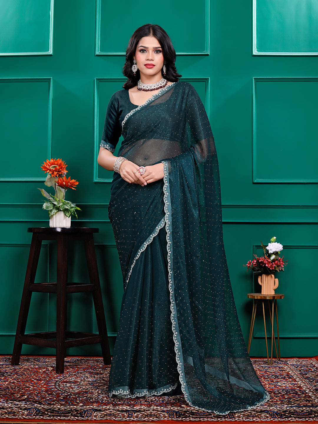 Chiffon   Siroski Daimond  Lace Work Sarees