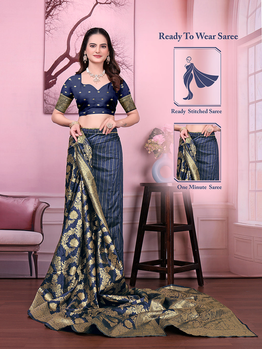 Ready to Wear Banarasi Jacquard Floral Print Party Saree with Unstitched Blouse
