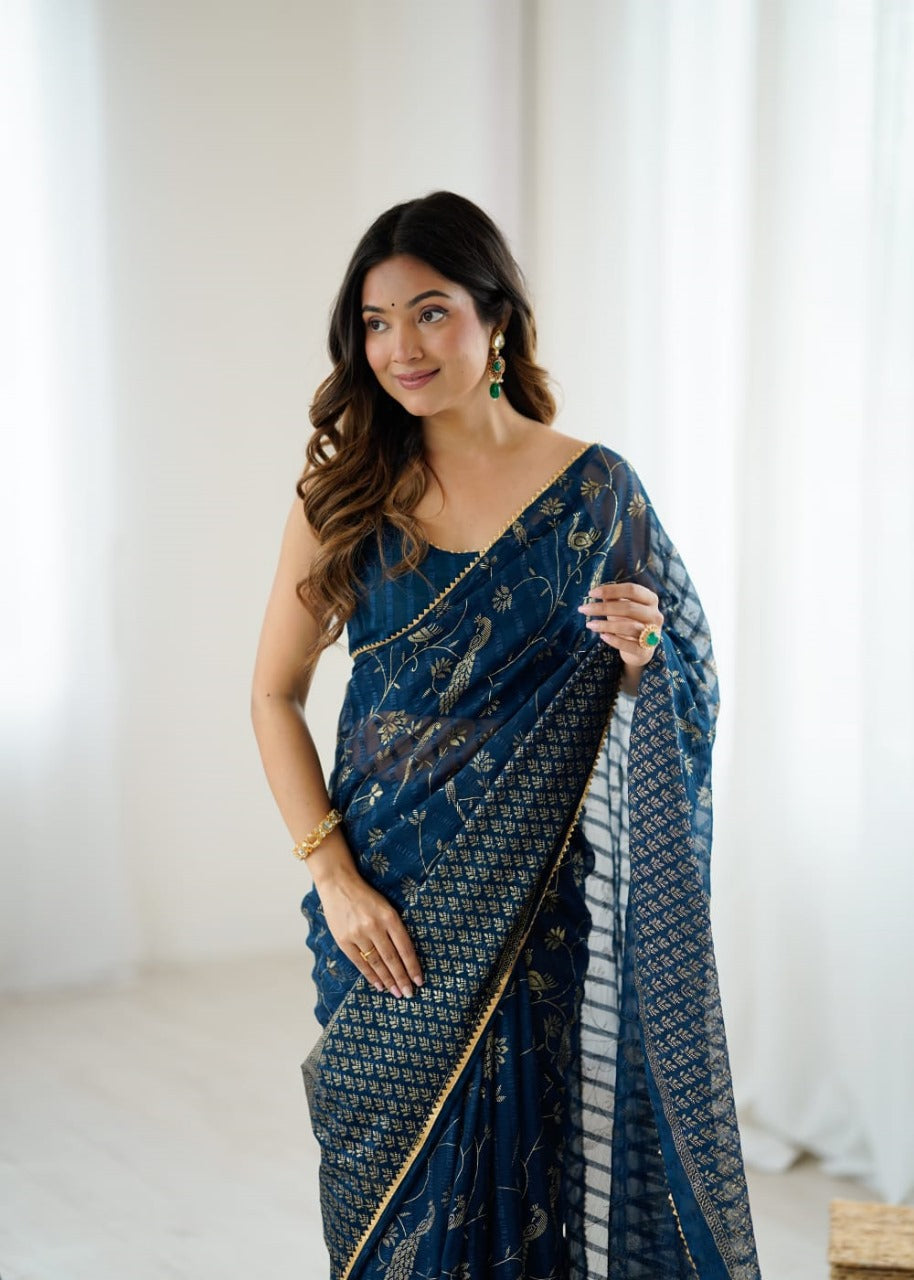 Georgette Saree with Foil Print & Fancy Zalar Lace Border