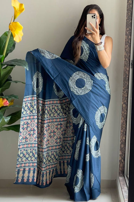 Ajrakh Bandhej Printed Mulmul Cotton Saree for Woman