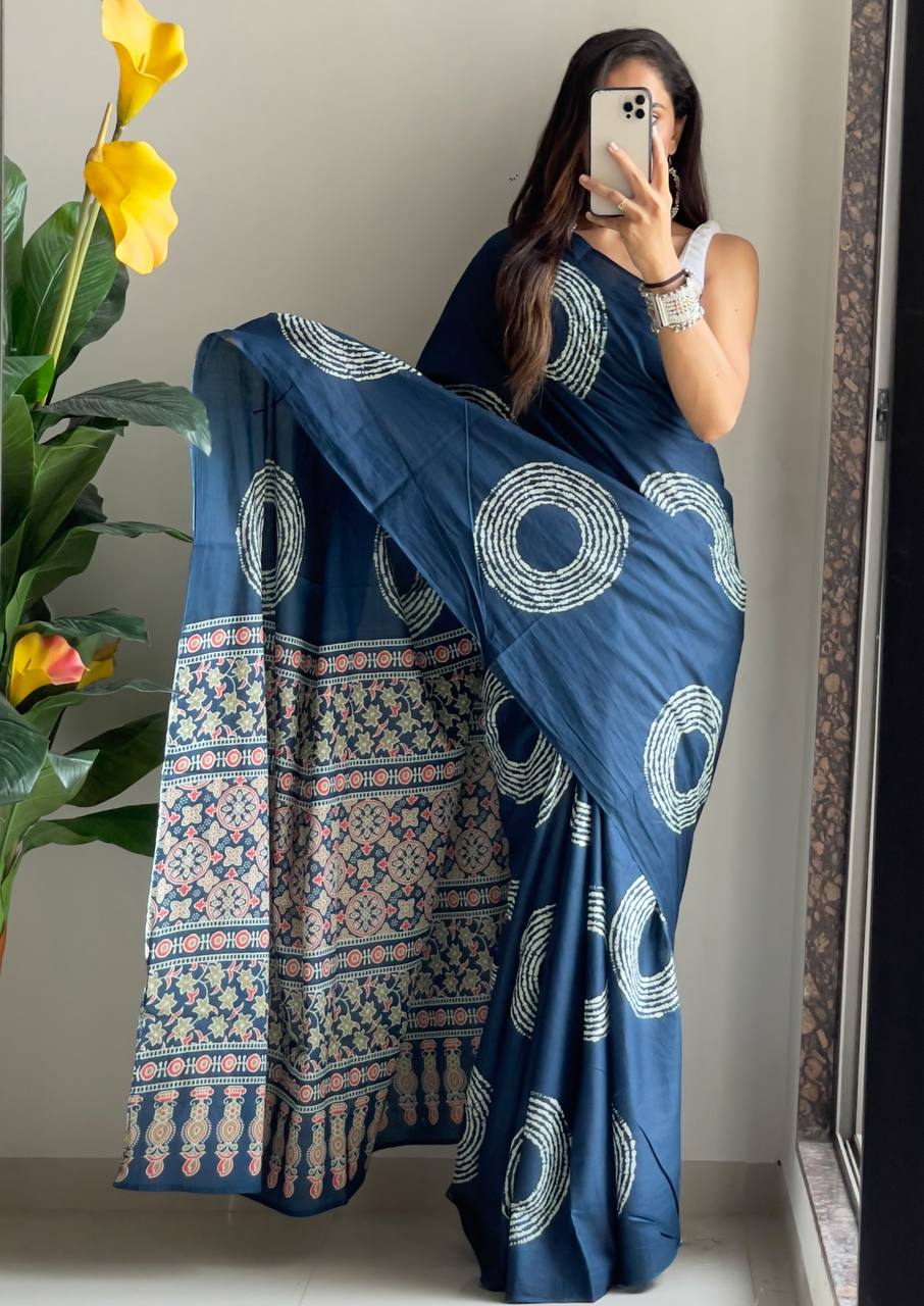 Ajrakh Bandhej Printed Mulmul Cotton Saree for Woman