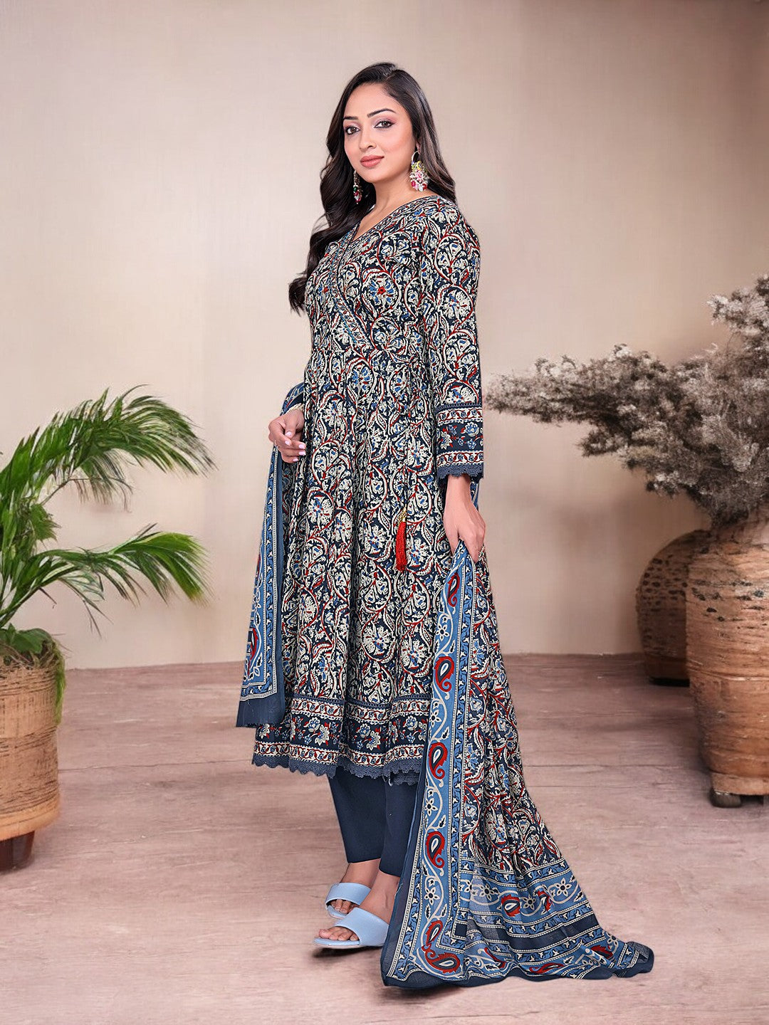 Printed Cotton Anarkali Kurta Set With Handwork on The Neckline