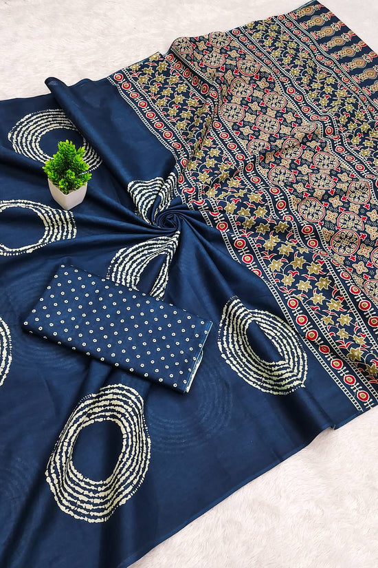 Ajrakh Bandhej Printed Mulmul Cotton Saree for Woman
