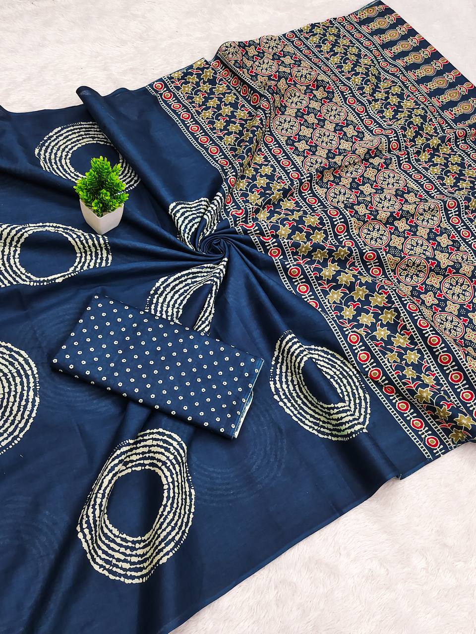 Ajrakh Bandhej Printed Mulmul Cotton Saree for Woman