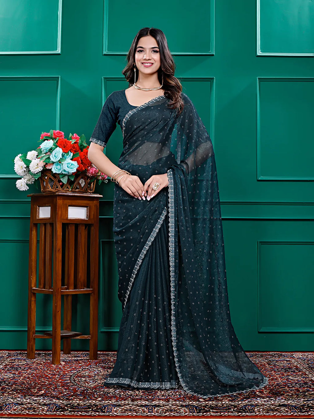 Chiffon Siroski Diamond Lace Work Saree
