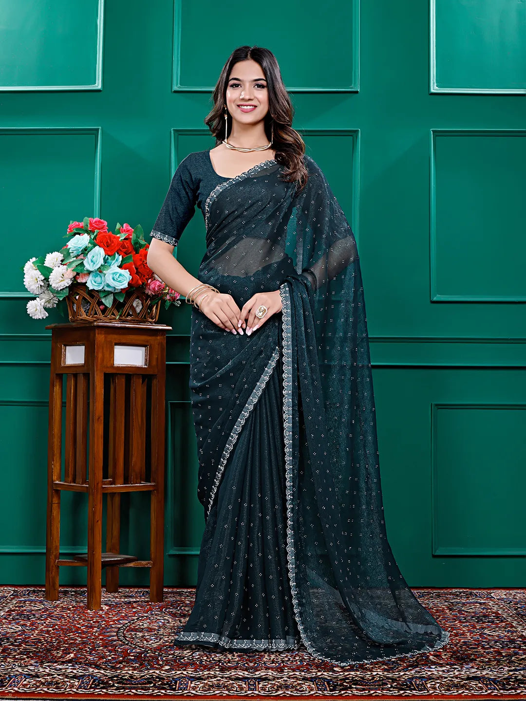 Chiffon Siroski Diamond Lace Work Saree