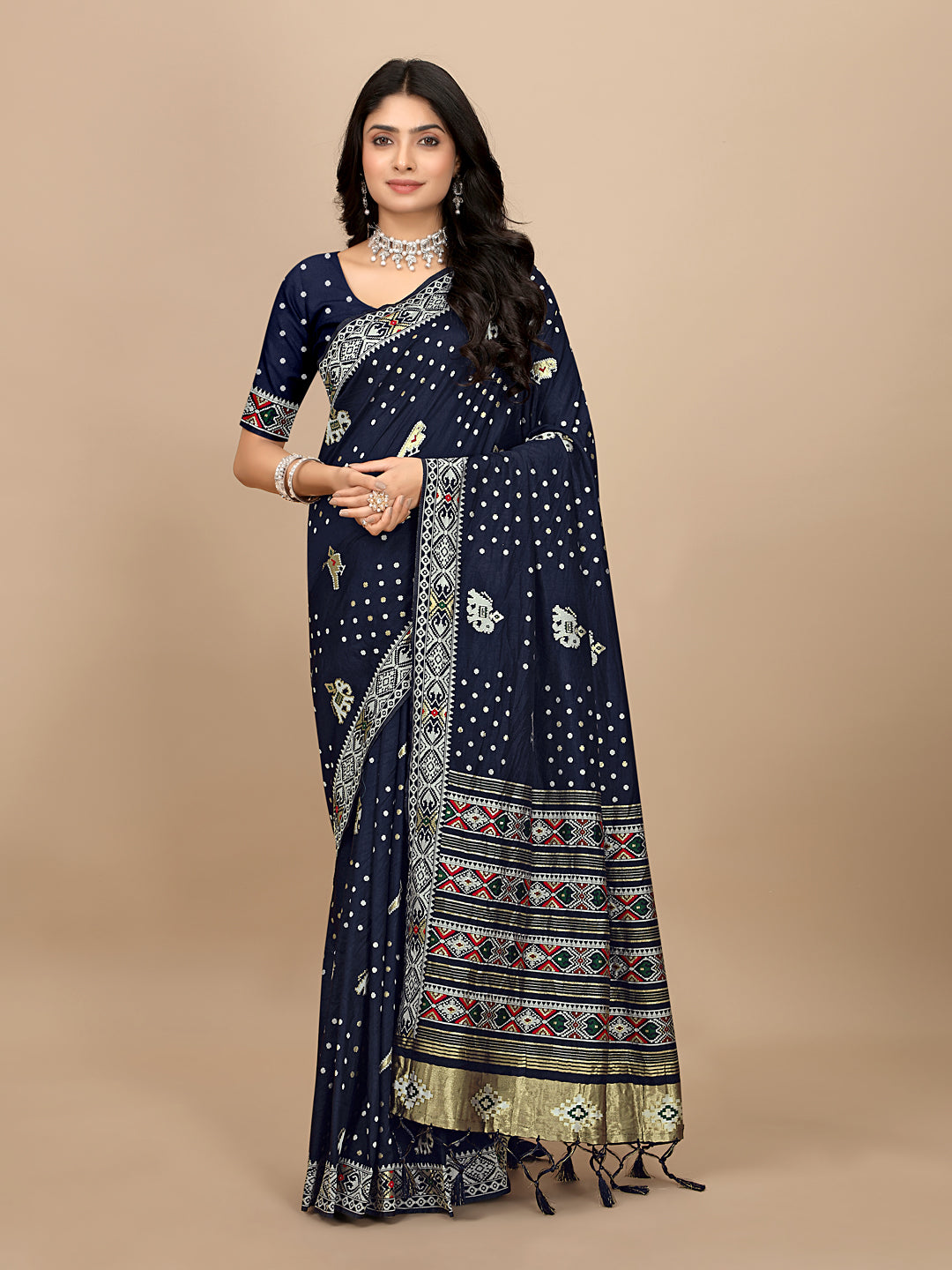 Patola Print Cotton Silk Saree with Tassel Border Pallu
