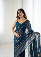 Georgette Saree with Foil Print & Fancy Zalar Lace Border