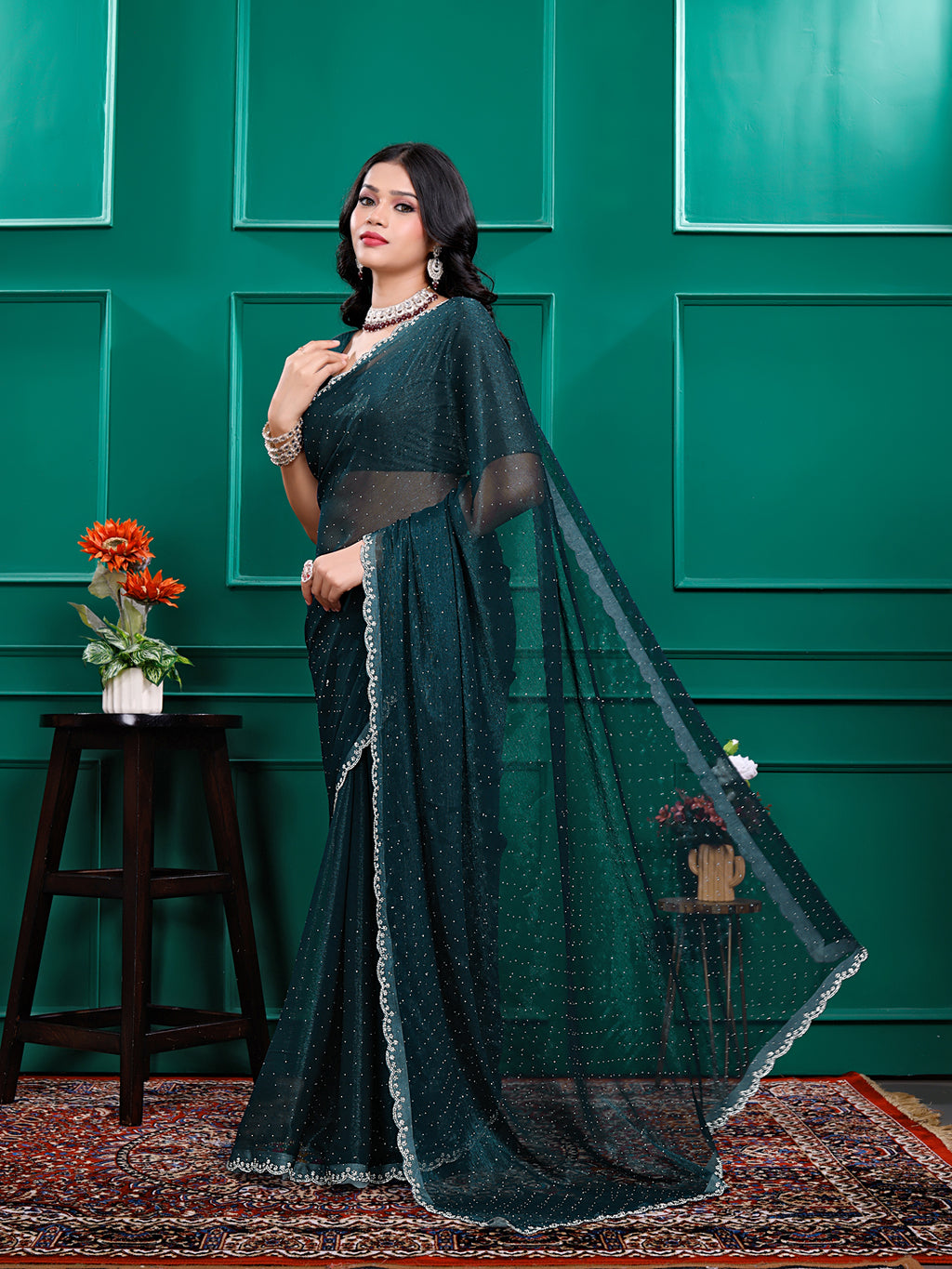 Chiffon   Siroski Daimond  Lace Work Sarees