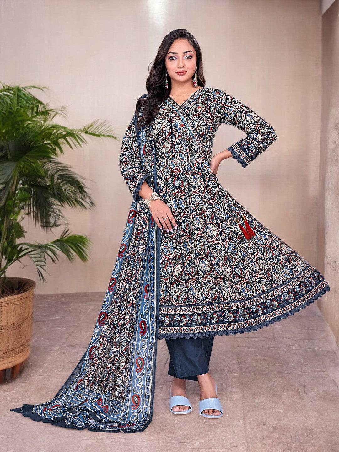 Printed Cotton Anarkali Kurta Set With Handwork on The Neckline