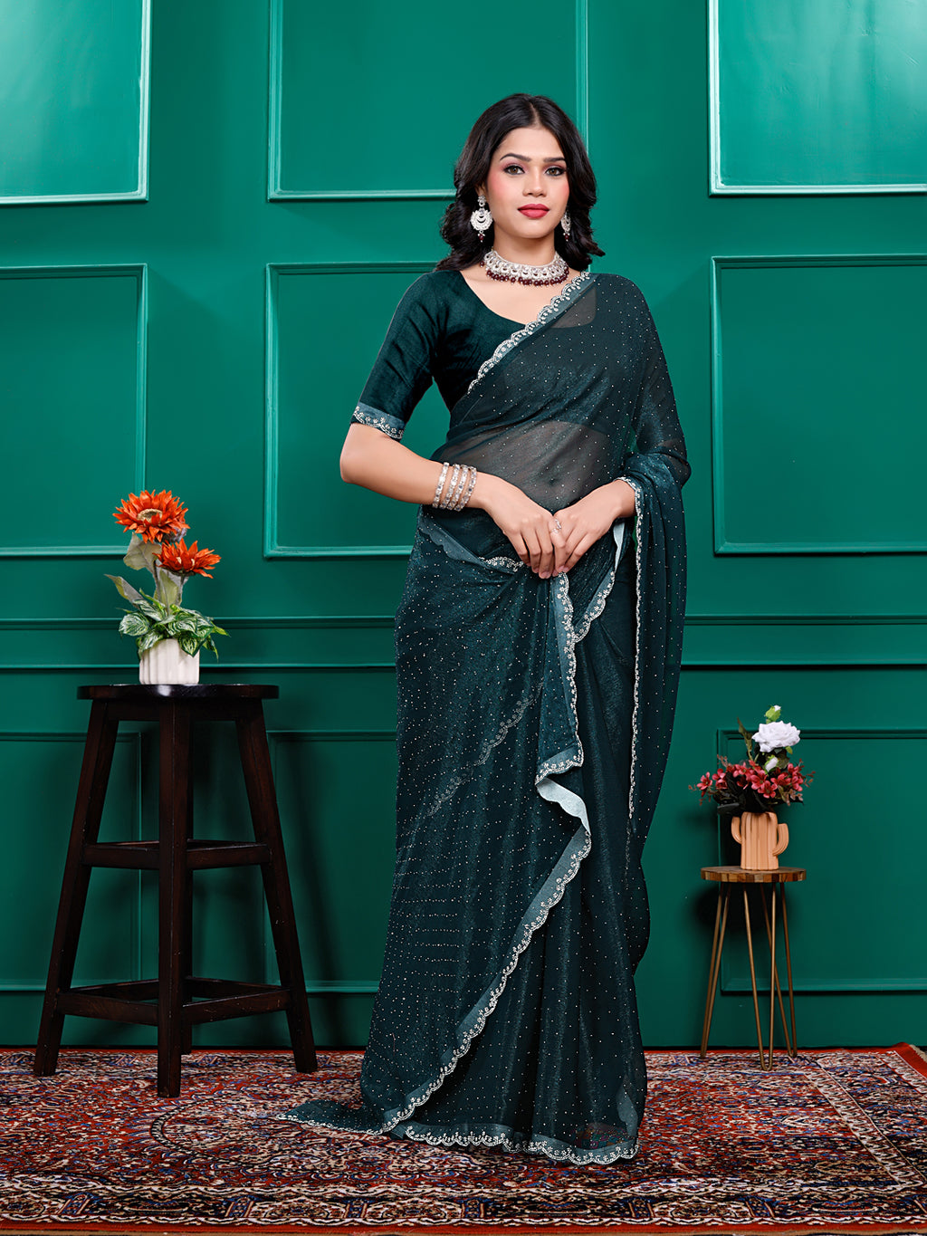 Chiffon   Siroski Daimond  Lace Work Sarees