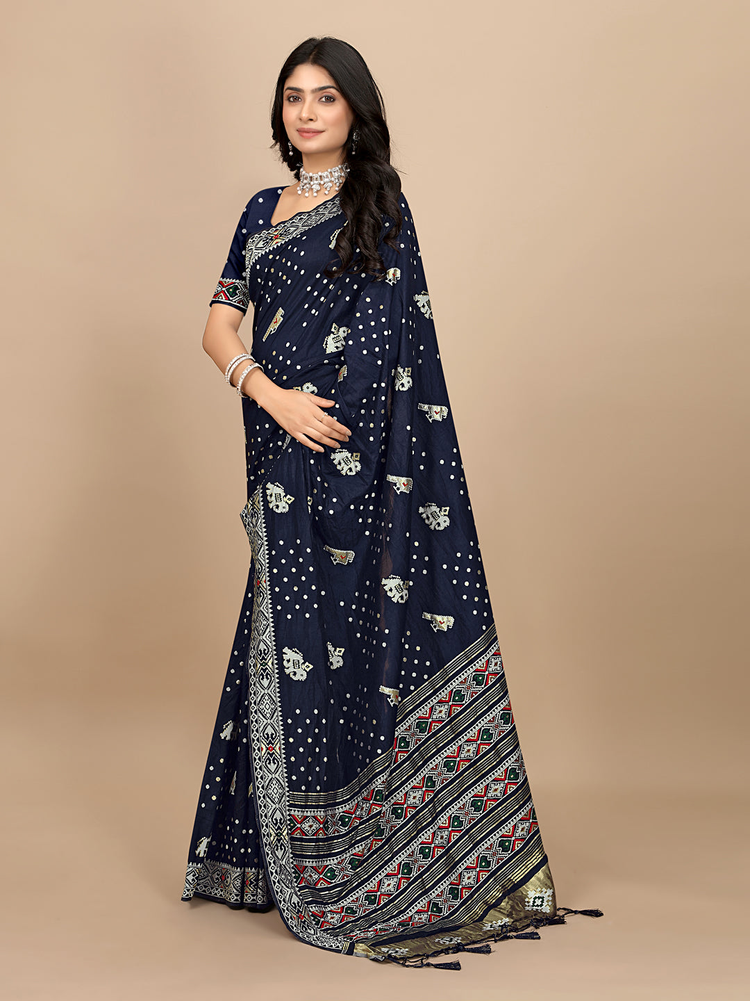 Patola Print Cotton Silk Saree with Tassel Border Pallu