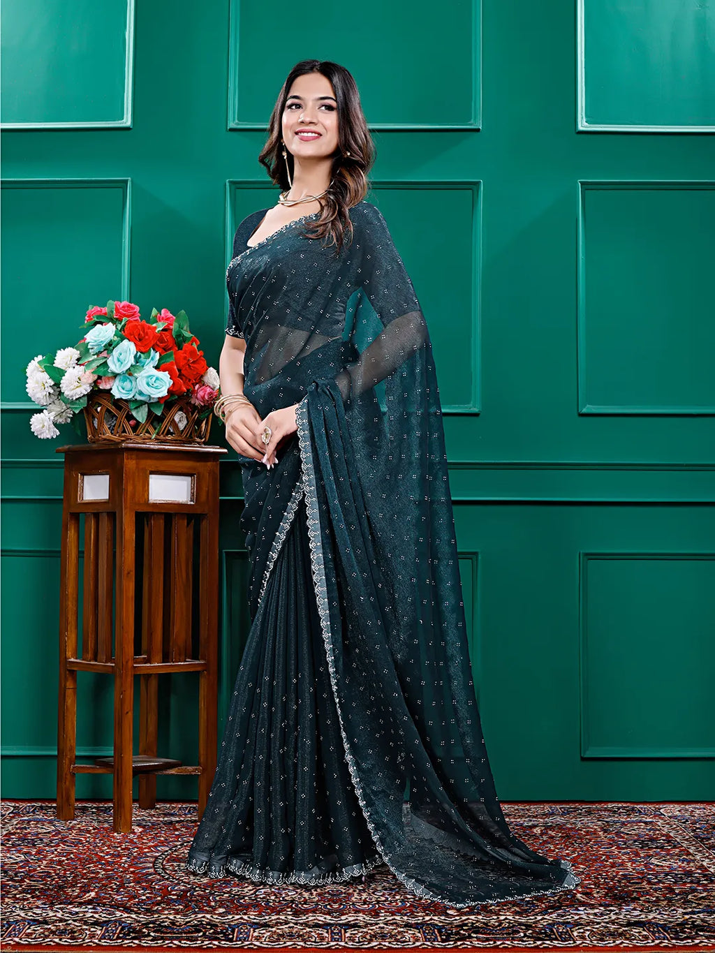 Chiffon Siroski Diamond Lace Work Saree