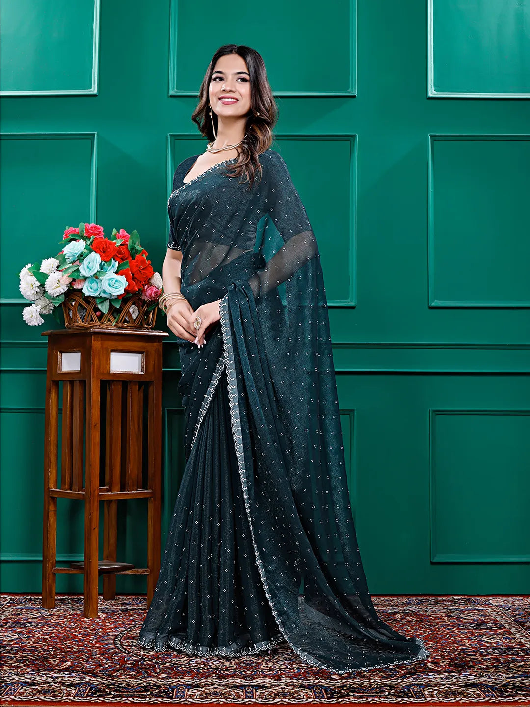 Chiffon Siroski Diamond Lace Work Saree