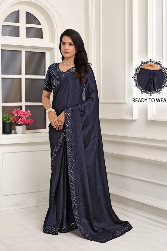 Pionex Ready To Wear Chinon Solid Saree With Embroidered Border