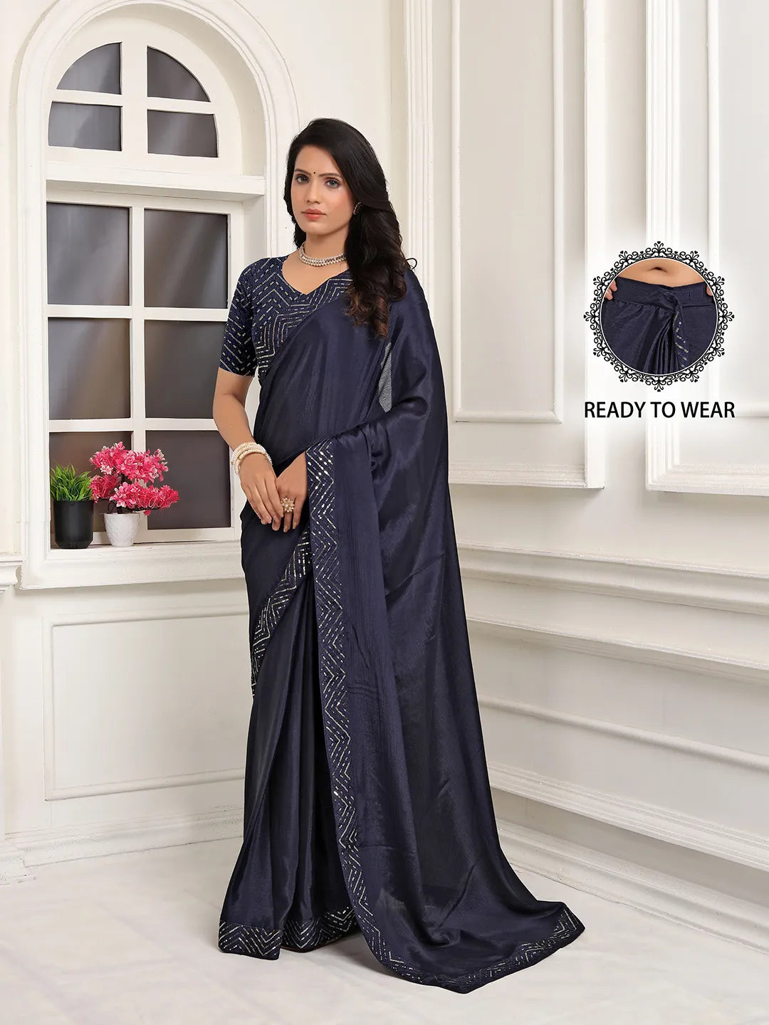 Pionex Ready To Wear Chinon Solid Saree With Embroidered Border