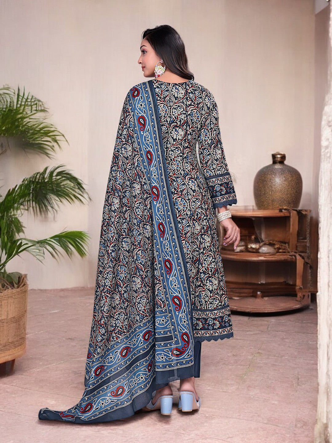 Printed Cotton Anarkali Kurta Set With Handwork on The Neckline