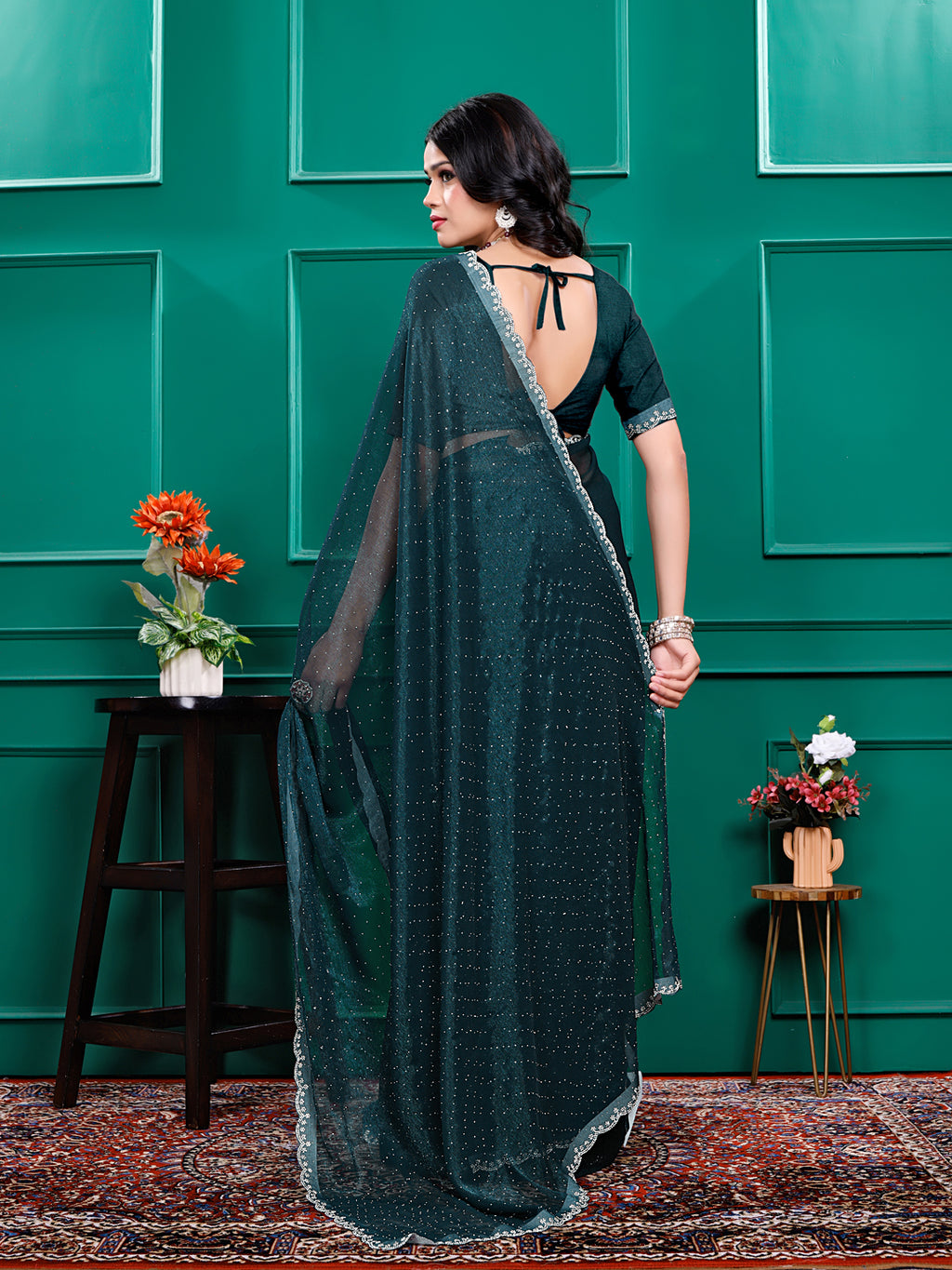 Chiffon   Siroski Daimond  Lace Work Sarees