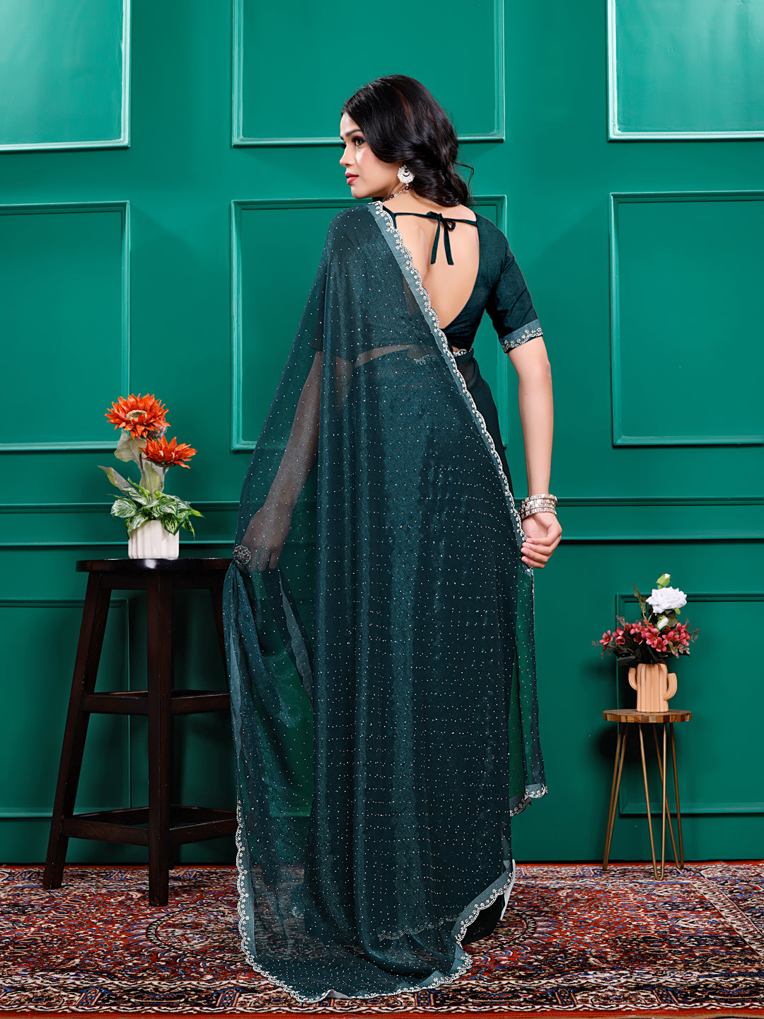 Chiffon   Siroski Daimond  Lace Work Sarees