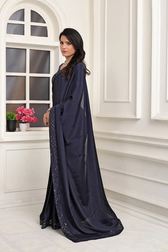 Pionex Ready To Wear Chinon Solid Saree With Embroidered Border