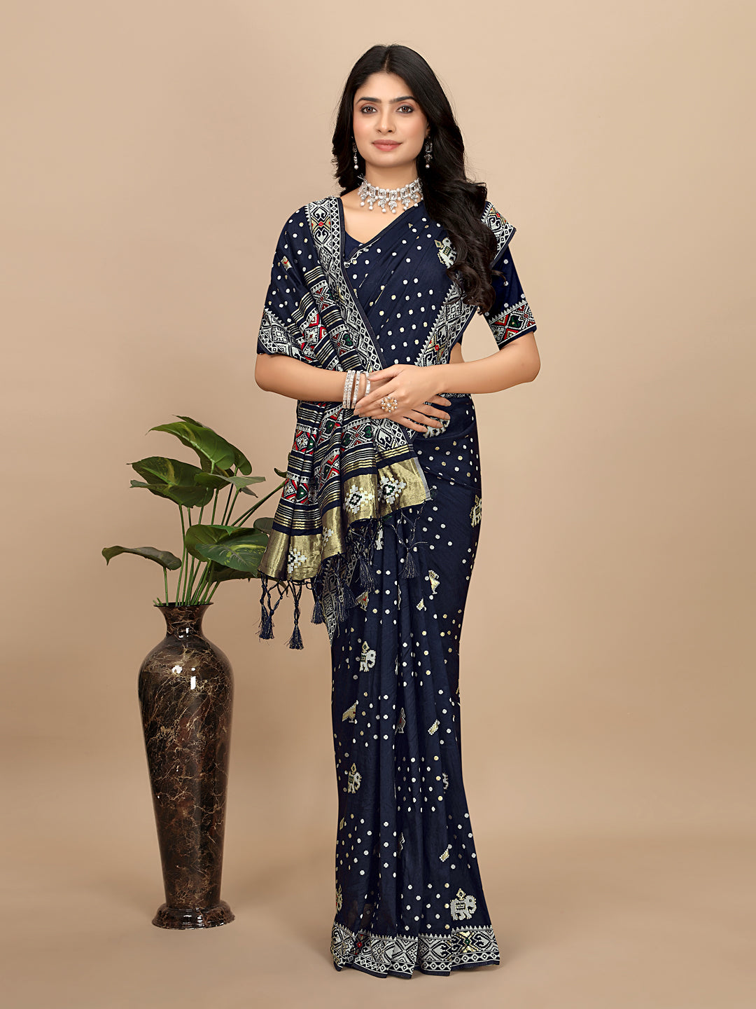 Patola Print Cotton Silk Saree with Tassel Border Pallu